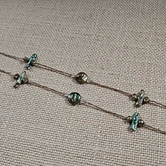 Long 40" Liquid Silver, Crystal and Pearlized Shell Necklace - Iridescent Green - Picture 8 of 8